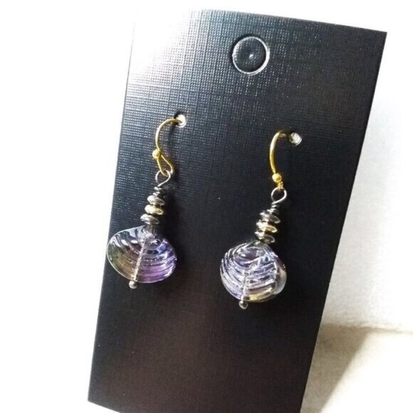 Sexy Iridescent Goth + Beachy! Clam Shells Earrings! Purple Black Glass Beads - Picture 1 of 7